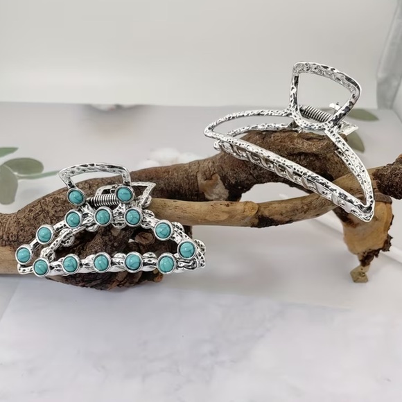 NEW Retro Western Bohemian Silver and Natural Turquoise Hair Claw Clip